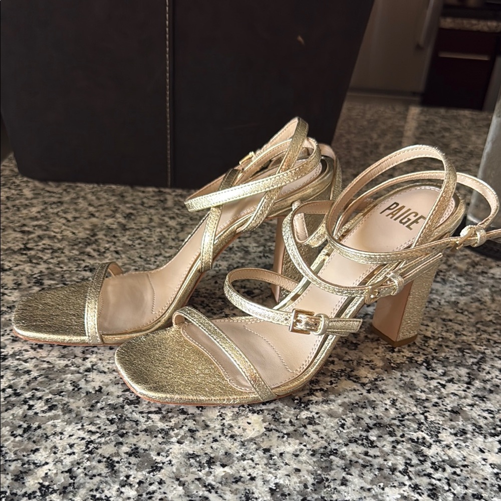 PAIGE Gold Chunky Heel Strappy Sandals